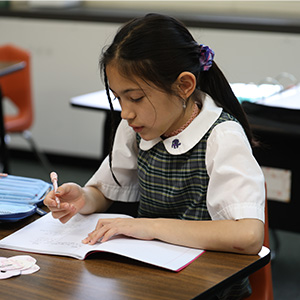 Student working Student working at desk in classroom on worksheet