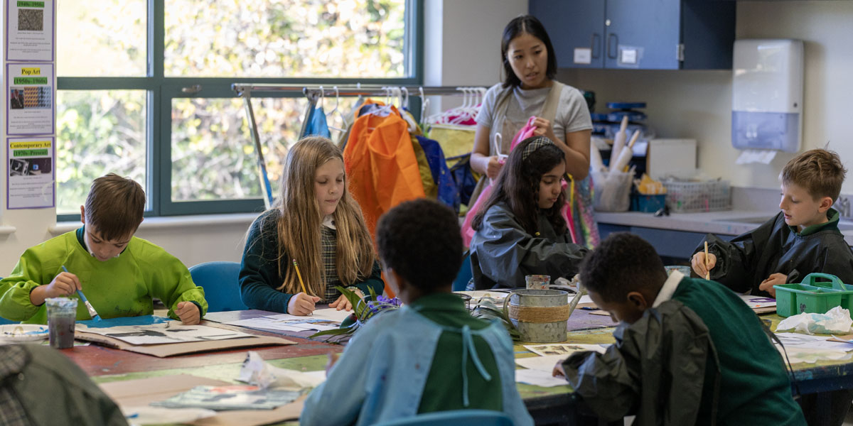 art-class-group-at-table Group of children painting at table in art class