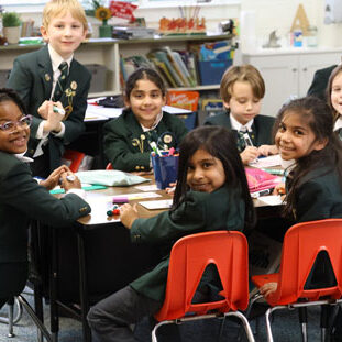 students working together around a table