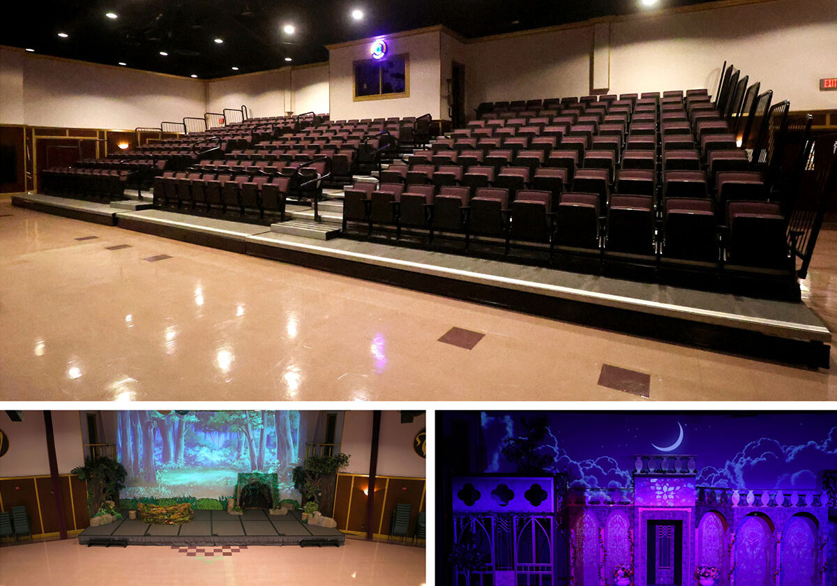 Collage-theater-space Theater bleacher seats and stage